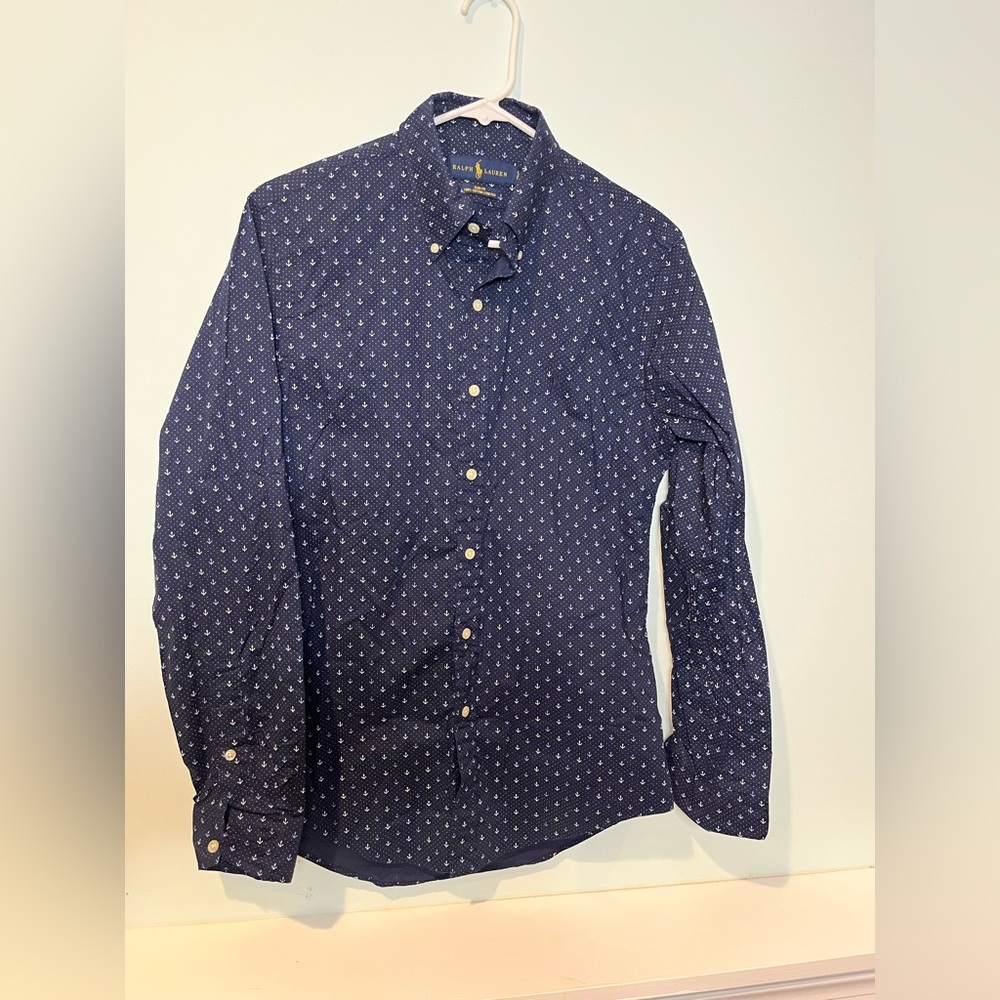 Ralph Lauren Men’s Blue White Button Up Anchor Preppy Summer Shirt, Size Small